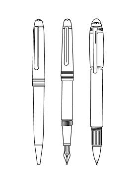An outline illustration of three writing instruments next to each other, vertically. From left to right: Rollerball, fountain pen, fineliner.